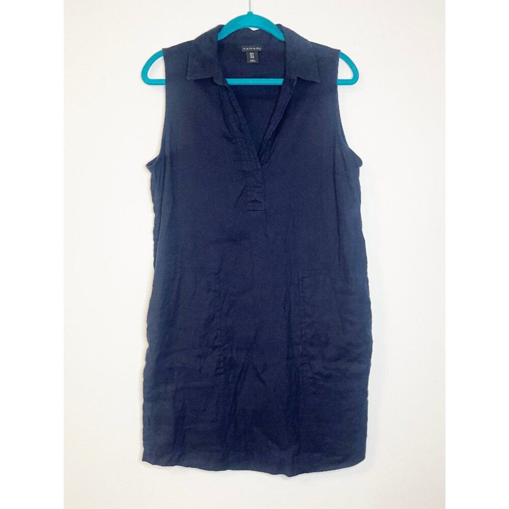 Tahari Navy Linen Blend Sleeveless Shirt Dress Pockets Minimalist Size 12
